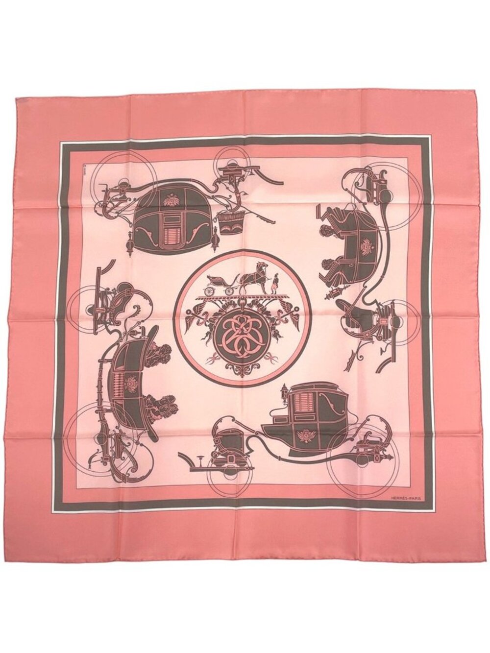 Hermes Carre 90 Carriage Pattern Scarf Ex-Libris Silk Pink